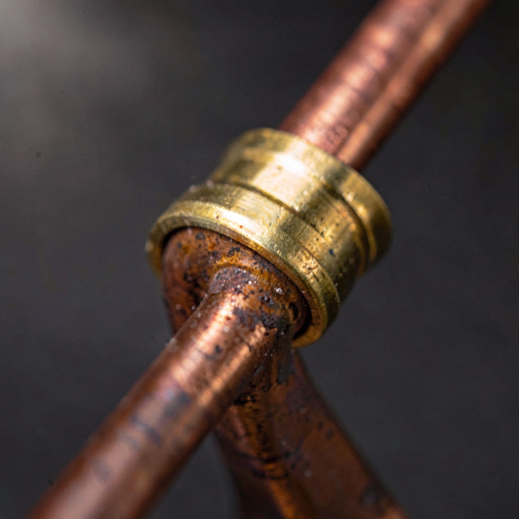 Macro of a brass compression fitting joining two lengths of copper pipe
