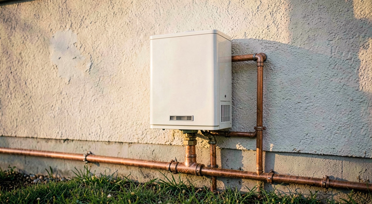 A continuous flow hot water unit mounted on a rendered exterior wall with copper pipes